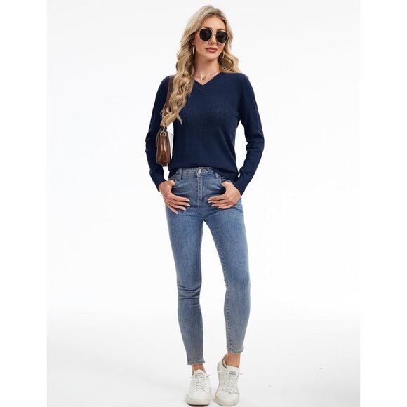 Women's Navy Blue Wool Long Sleeve Crochet Pullover V Neck Lightweight Sweater - Picture 7 of 7